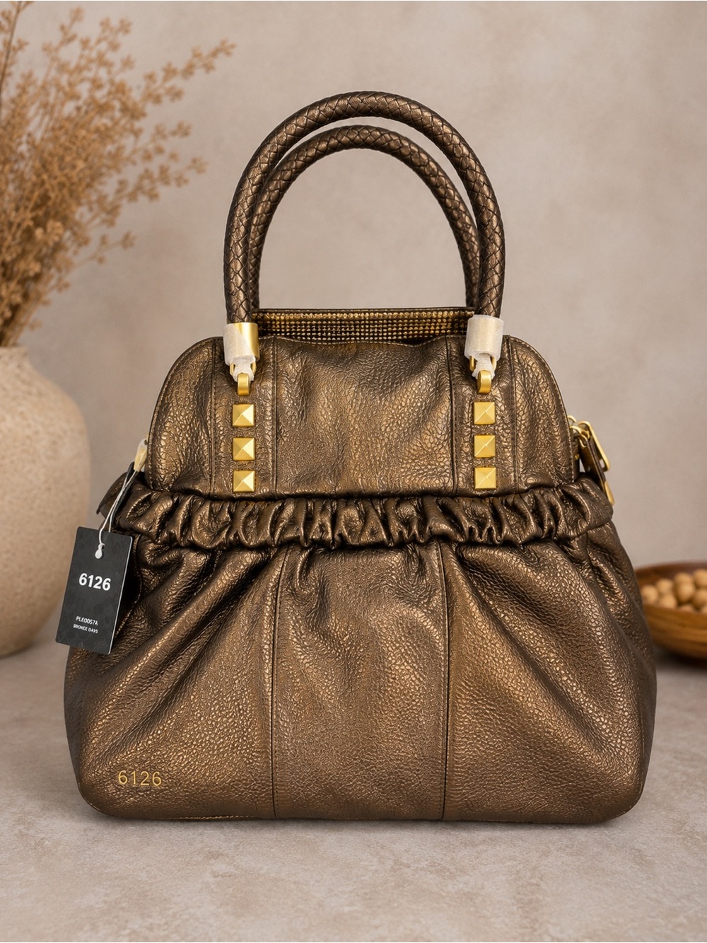 6126 Bronze Metallic Studded Satchel Handbag NWT Braided Handles